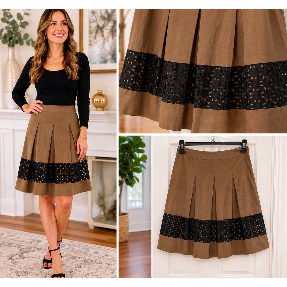 LOFT Brown Pleated Skirt with Black Lace Panel Knee Length Zip‎